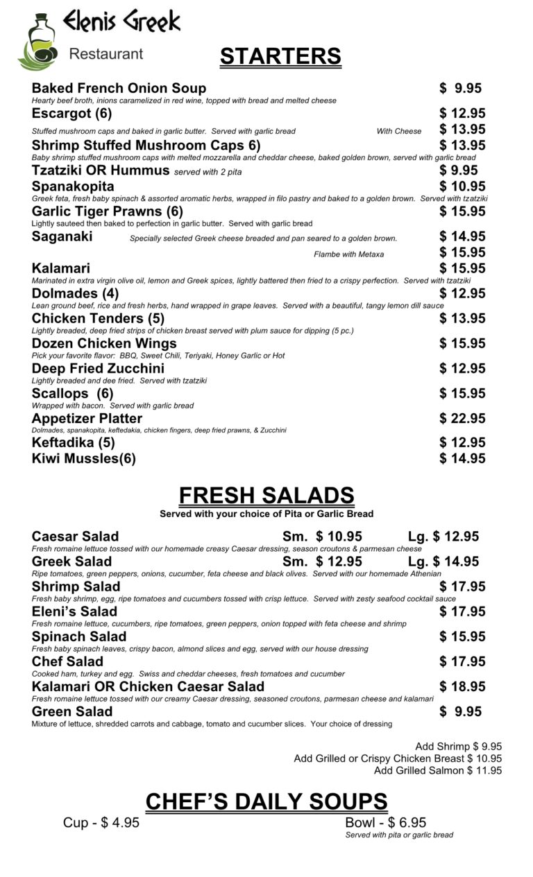 Menu Eleni's Greek Restaurant