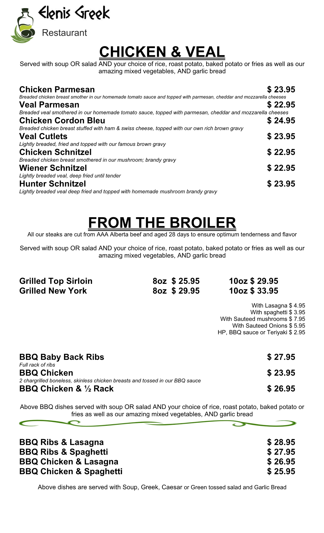 Menu Eleni's Greek Restaurant